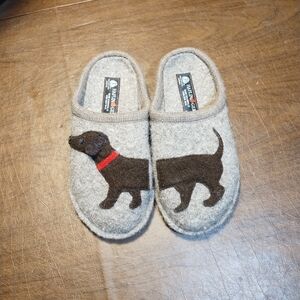 Gray Dog Slippers with Brown and Red Accents